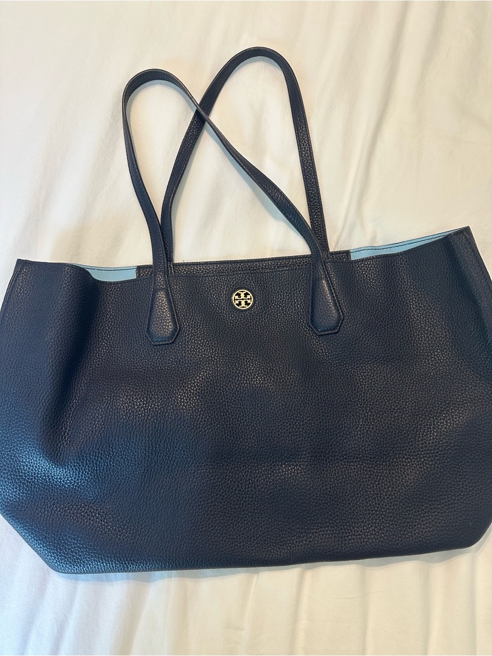 Tory Burch Navy Pebbled Leather McGraw Tote with Gold Logo